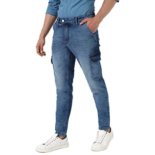 Campus Sutra Men's Blue Medium-Wash Cargo Denim Jeans | Stretchable Cotton Mid-Rise Crafted with Comfort Fit and High Performance for Everyday Wear