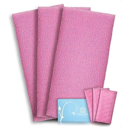 CASAVIDA Exfoliating Washcloth Back Scrubber for Shower Exfoliating Body Scrubber Japanese Beauty Washcloth African Net Sponge Bath Korean Loofah Towel Wash Cloth Shower Scrub Towel 3 Pack (Pink x 3)