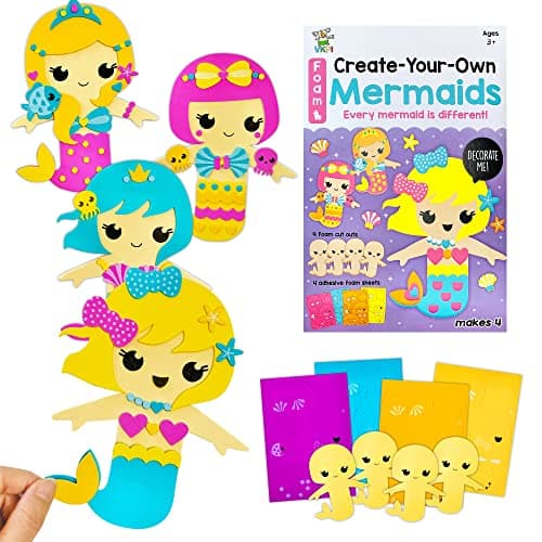 VKPI 4 Pieces EVA Foam Art Crafts Gift Kit Creative Make Your Own Mermaids Cartoon Foam Paper Craft Projects for Kids Ages 4 Toddler Preschool Learning Toy for Birthday Party Favor Supplies