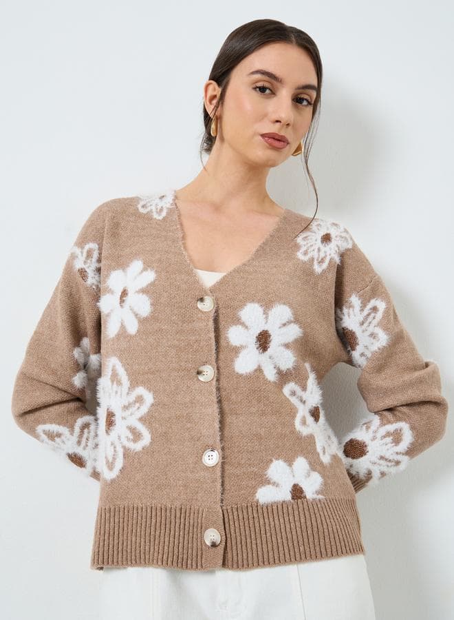 Take Two Beige Floral Pattern Furry Knit Cardigan