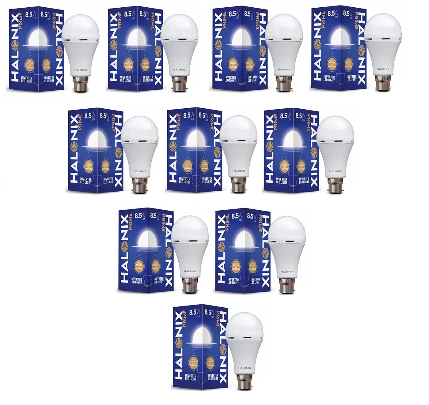 Halonix 8.5W Rechargeable Emergency Inverter LED Bulb | Emergency Light | Upto 4 Hours Battery | B22D | 1 Year - Warranty (Pack of 10, White)