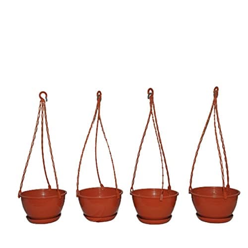 Green Live Brown Plastic Hanging Flower Pots with Chain for Indoor Outdoor Balcony Garden Decoration – Round Planter for Home Plants (Pack of 4)