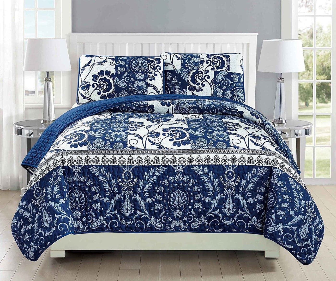 Fancy Collection 2pc TwinTwin Extra Long Oversize Quilted Bedspread Coverlet Set Floral Navy Blue White New