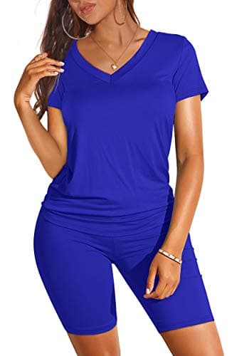 V Neck Two Piece Shorts Outfits for Women High Waisted Shorts Blue XXL