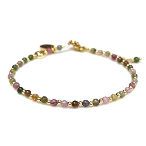 Morchic Colorful Tourmaline Natural Gemstone Adjustable Bracelet for Women, 3mm Tiny Beads Energy Gem Charm Jewelry, Birthday Gift 7.1"