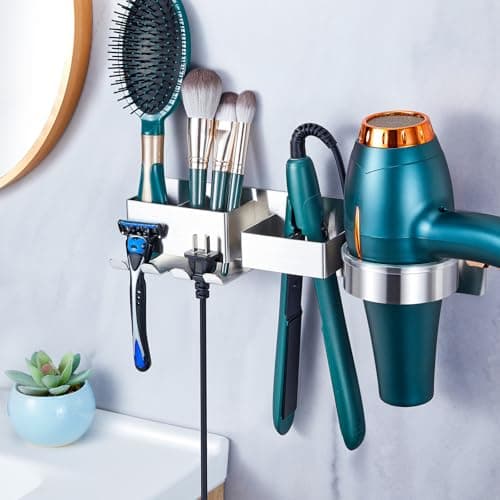 Oukimly Hairdryer Holder Wall Mounted Hair Straightener Holder, Blow Dryer Holder, Metal Hair Tool Organizer for Straighteners, Hair Dryer, Brush, Curling Iron (Silver)