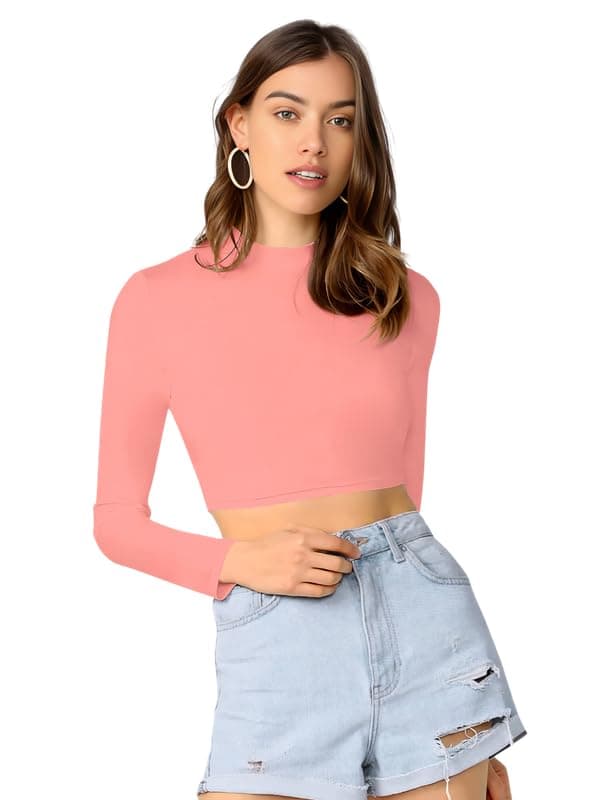 Dream Beauty Fashion Women's Round High Neck Full Sleeves Stylish Crop Top Polyester Blend Tshirt (Tally Peach-XS)