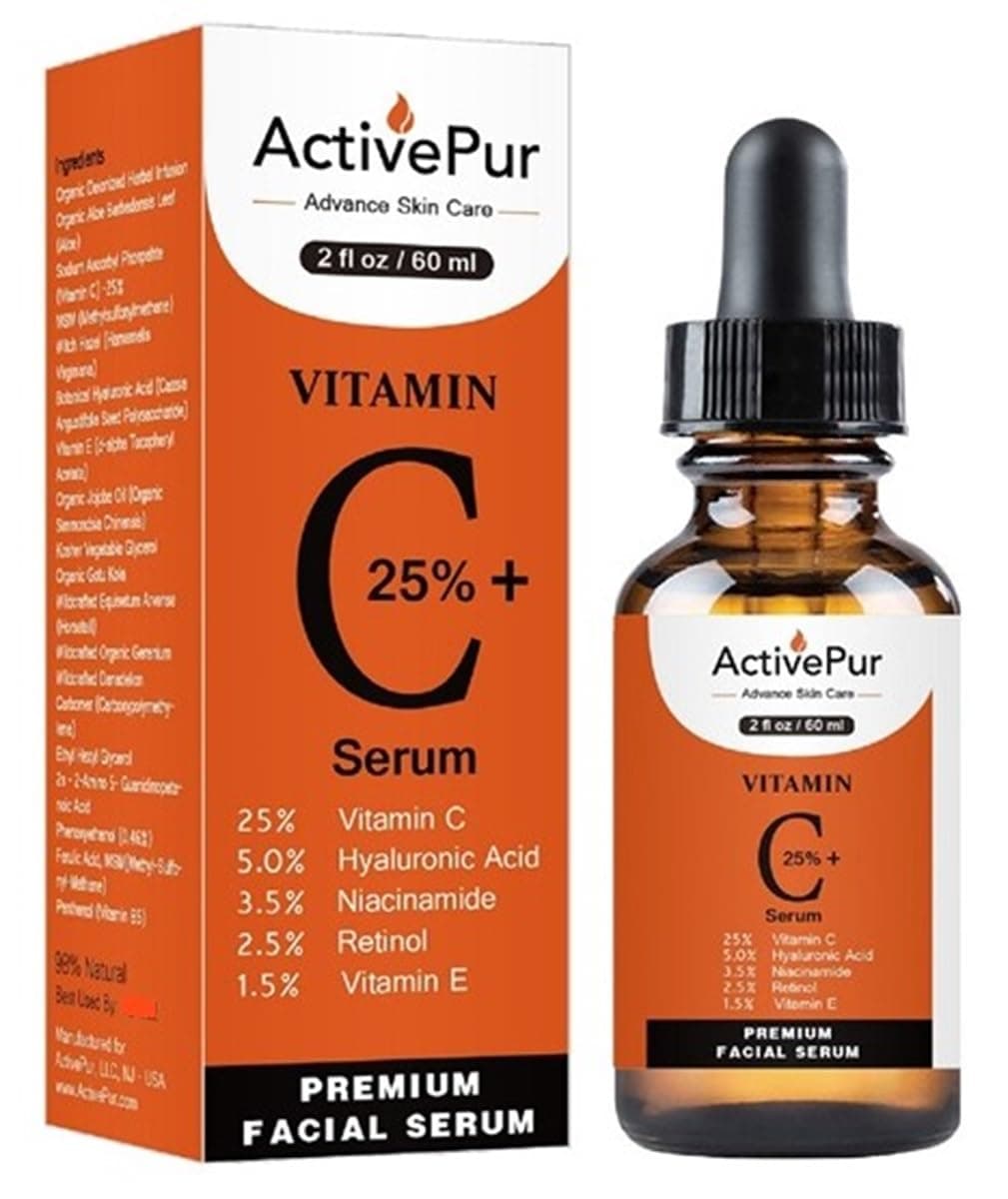 ActivePur 25% Best Vitamin C Serum for Face (2 Oz/60 ml) Vitamin E+B5 Hyaluronic Acid Serum Face Retinol Ferulic Acid Niacinamide Collagen Anti Aging Age Spots Eye circles Vitamin C face Serum