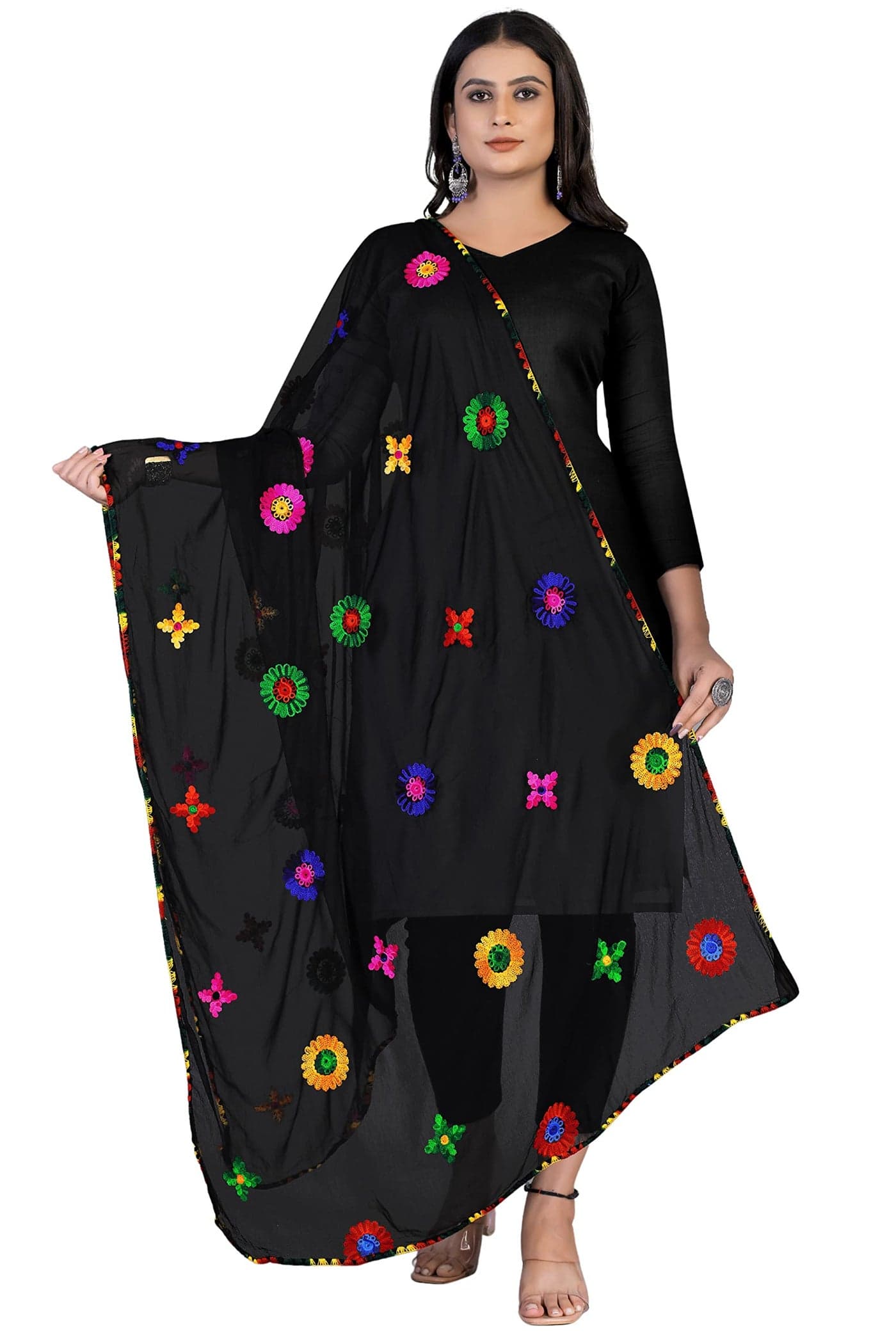 KEMZA Women's Embroidered Phulkari Chiffon Dupatta | Jaipuri Gota Patti Dupatta For Festivals, Weddings, Party (Black_Free size)