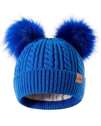 HAITHO Winter Hat for Kids Toddler Children, Girls Beanie with Double Pom Pom Warm Thick Thermal Fleece Lined, Girls Accessories Cute Knit Beanies Cap for Cold Weather(Blue)