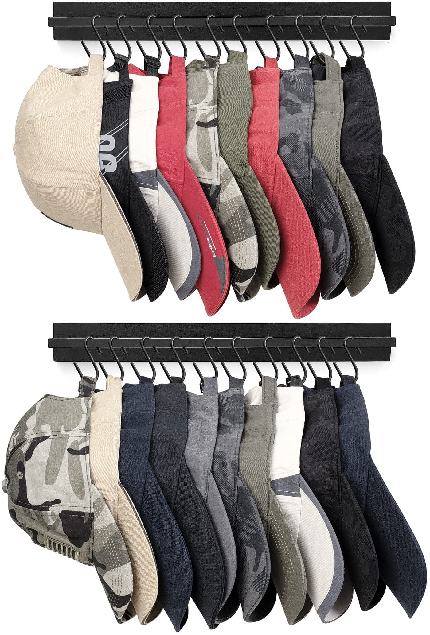 Mkono Hat Rack for Wall Wooden Baseball Caps Organizer with 20 Hooks Rustic Cowboy Hat Hanger Wall Mounted Caps Display Rack for Closet Bedroom Entryway Set of 2 Black