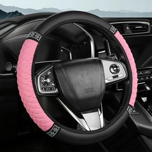 Tioollev Bling Car Steering Wheel Cover 15 Inch Rhinestones Soft Leather Elastic Steering Wheel Protector Universal 15 Inch for Women Girls Fit Vehicles Sedans SUVs Vans Trucks Pink