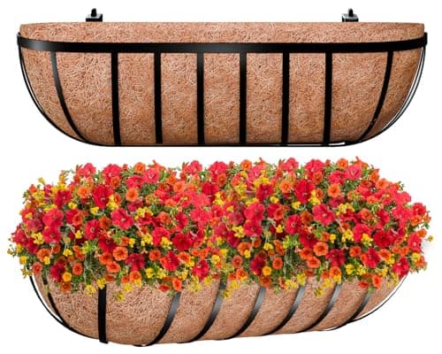 ZeeDix 24 Inch Railing Planter Box, 2 Pack Metal Window Boxes with Coco Liners for Railing, Hanging Flower Boxes for Deck Porch Balcony & Fence Outdoor Indoor Lawn