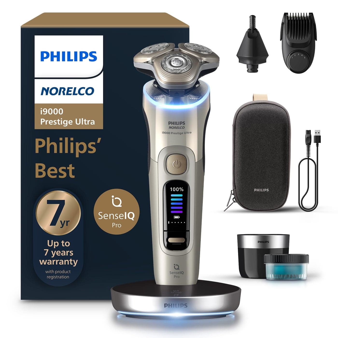 Philips Norelco Shaver i9000 Prestige Ultra Wet Dry Electric Shaver White Gold SenseIQ Pro Technology Triple Lift Cut System 360 Rotating NanoTech Precision Blades Beard Styler XP940388