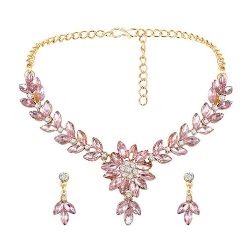Atasi International Pink Diamond Crystals Gold Plated Alloy Necklace Set with Earrings for Women | Stylish Jewellery for Party, Wedding and Festive Occasions
