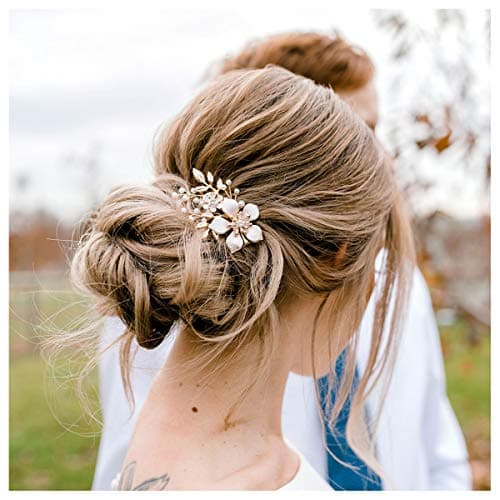 SWEETV Gold Bridal Hair Clip,Floral Bridal Hair Comb Barrette Flower Hair pieces for Brides Wedding