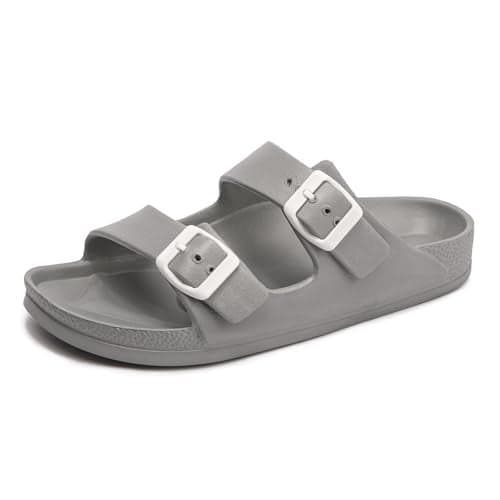 FUNKYMONKEY Women's Comfort Slides Double Buckle Adjustable EVA Flat Sandals (8 M US/Women, Grey)