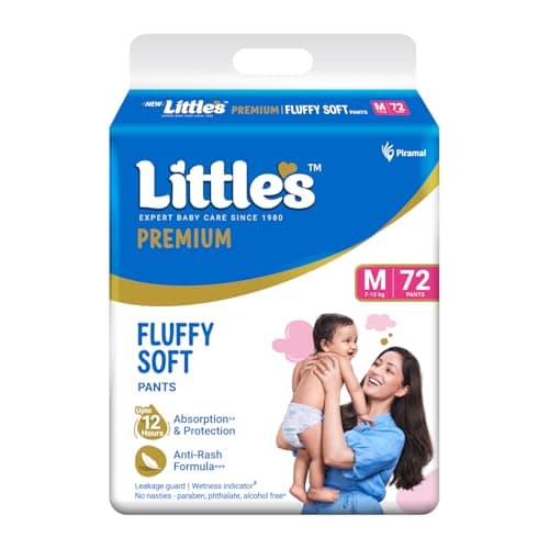 Little's Premium Baby Diapers M Size (Medium) Pants Style | 7-12 kg | 72 Count | Super Jumbo FluffySoft Baby Diaper with Leakage Guard, Wetness Indicator & 12 Hours Absorption