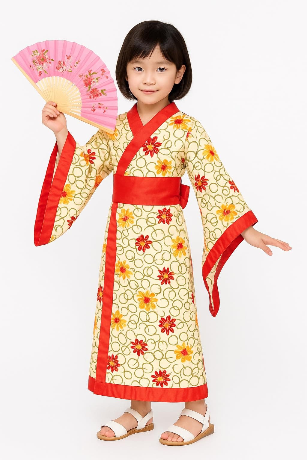 FancyDressWale Japanese girl fancy dress for girls with beautiful Japanese Fan- Multicolor (8-10 Years)