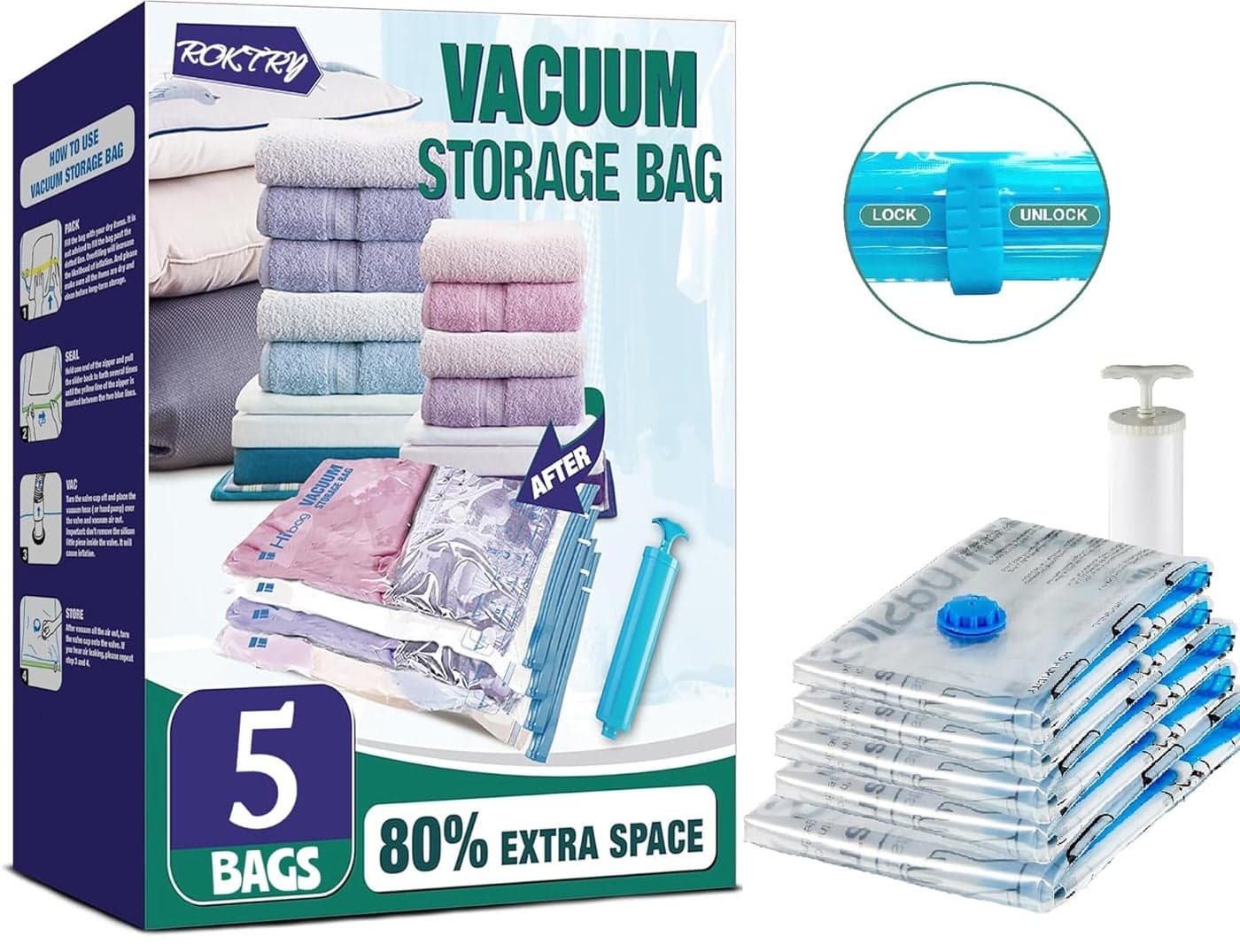 5 pcs Transparent Multiple uses Vacuum Compression Space Saver water proof Zipper Storage Bags with Hand Pump for Clothes Comforters and Blankets in 3 diffrent sizes 2 small 2medium 1 large