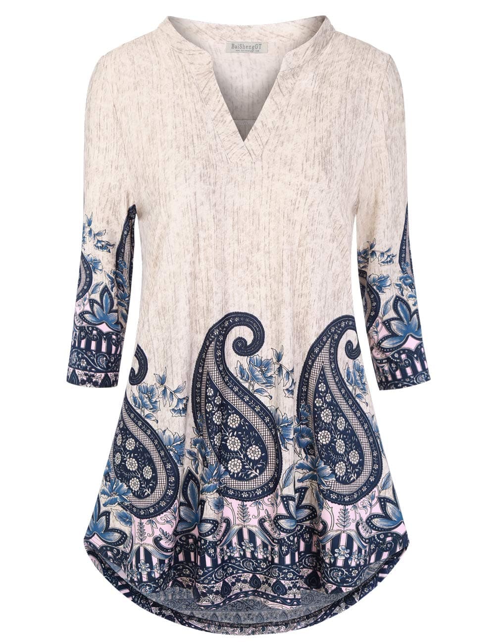 BAISHENGGT Womens Tunics Notch V Neck Tops 3/4 Sleeve Work Blouses Dressy Casual Going Out Shirts Large Aprioct Paisley