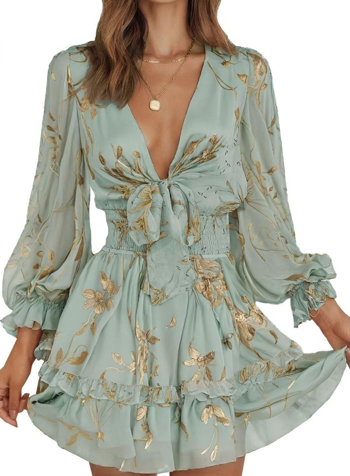 Dokotoo Womens Fashion 2025 Casual Spring Fall Sexy V Neck Ruffle Elegant Long Sleeve Empire Waist Tie Knot Cute Chiffon Boho A Line Flowy Mini Dresses for Women Fall Outfits for Women Green S