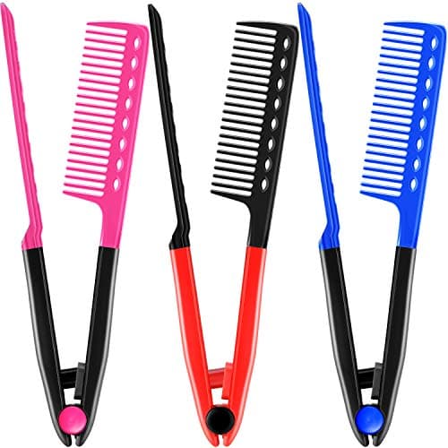 3 Pcs Hair Straightening Comb Set, Red Blue Rose Red V-shaped Flat Iron Comb for Hair, 2-in-1 Straightener for Daily Styling, Suitable for Home and Travel