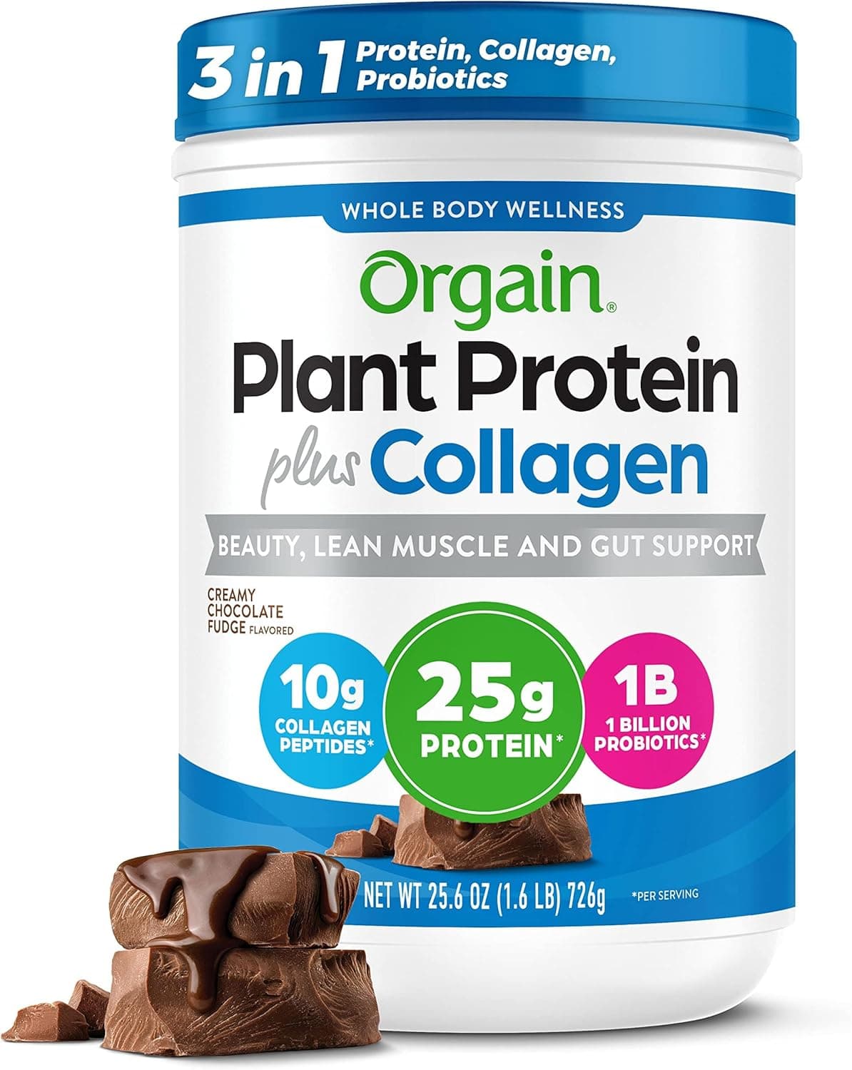Orgain Protein Powder Collagen Creamy Chocolate Fudge 25g of Protein 10g Collagen Peptides Type I III 1B CFU Probiotics Supports Hair Skin Nail Joint Gut Health Gluten Free 16lb