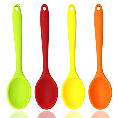 4 Pieces Silicone Mixing Spoon Heat Resistant Basting Utensil Non-stick Spoon 8.2" Multicolored Spoons Set for Mixing, Baking, Serving, Stirring and Scraping (Red, Green, Yellow, Orange)