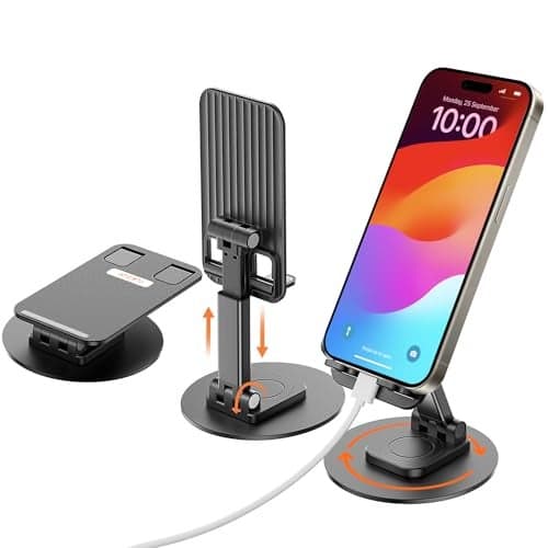 Tukzer Foldable Tablet Stand Mobile Holder with 360° Swivel Base| Multilevel Angle & Height Adjustment|Solid Structure, Sturdy & Heavy Metal Base| for Up to 12 Inch Screen Devices, iPad iPhone (Black)