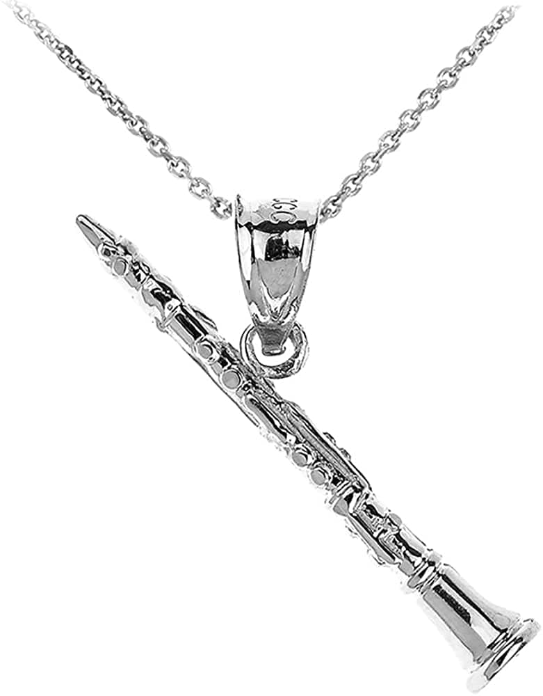 .925 Sterling Silver Dangling Music Charm Woodwind Clarinet Pendant Necklace with Rolo Chain - 22"