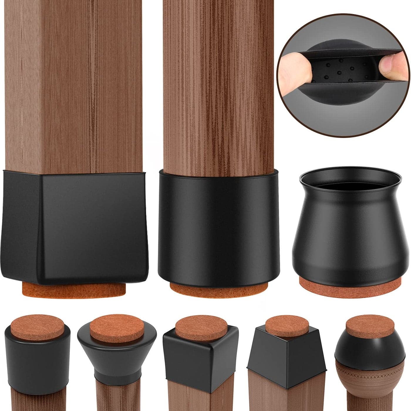 Chair Leg Caps Updated Chair Leg Cover Protectors for Hardwood Floors Square Round Rectangular All Shapes Silicone Rubber Feet for Furniture Table Chair Stronger Felt Silicone 16Pack Black