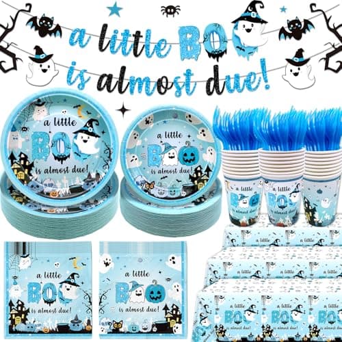 147Pcs A Little Boo Is Almost Due Baby Shower Boy Little Boo Baby Shower Decorations Boy Halloween Plates and Napkins Blue Halloween Tableware