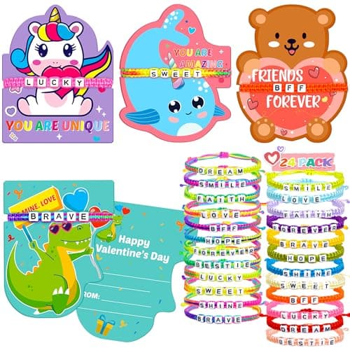 Gofriipai Valentines Day Cards for Kids School with Bracelets 24 Pack Valentines Day Gifts for Kids Classroom with Friendship Bead Bracelets Exchange Gift Valentine Party Favors for Kids Girls Boys