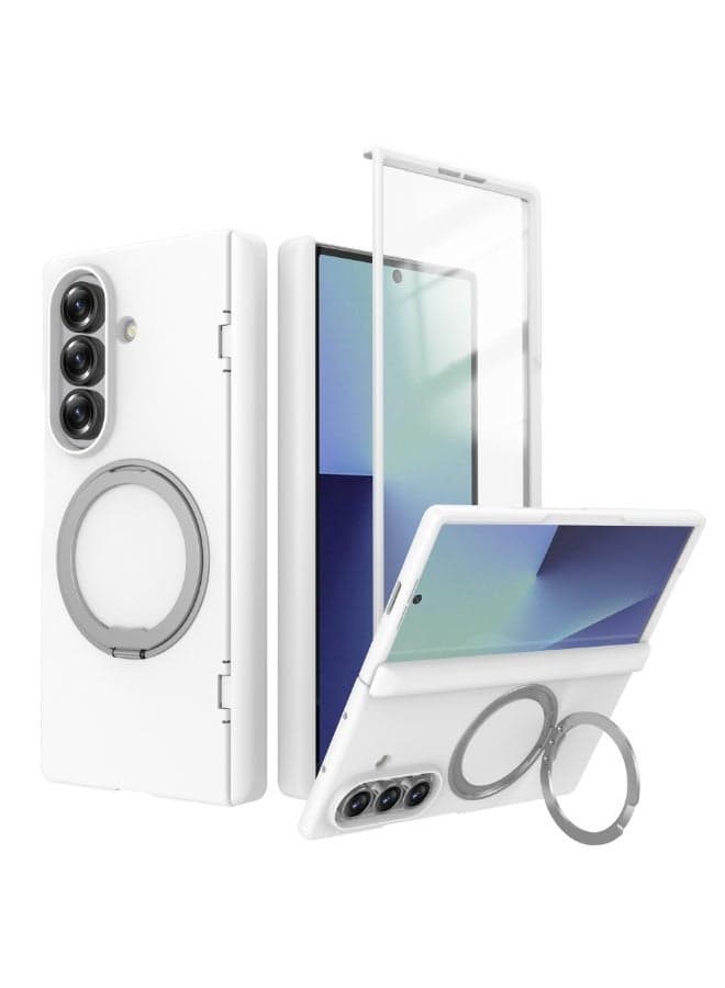 Case Compatible with Samsung Galaxy Z Fold 7, 【Magnetic Wireless Charging】 PC Hinge Full-coverage Protective Cover with HD Screen Protector 360° Rotating Stand