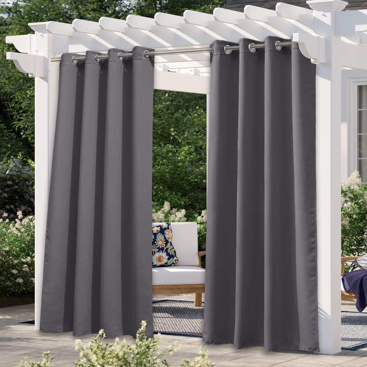 NICETOWN 108 L Outdoor Curtain for Patio Waterproof Thermal Insulated Stainless Steel Grommet Blackout OutdoorIndoor Curtain Privacy Protect for Landscape 1 Panel 52 Wide Grey