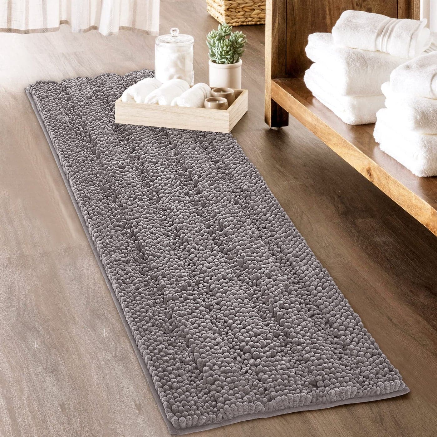 KGORGE Grey Bath Mat Large Soft Bathroom Rugs Water Absorbent NonSlip Quick Drying Thick Shaggy Chenile Bathtub Floor Decor for Toilet Kitchen Entryway 60 x 24 Light Gray 1 Pc