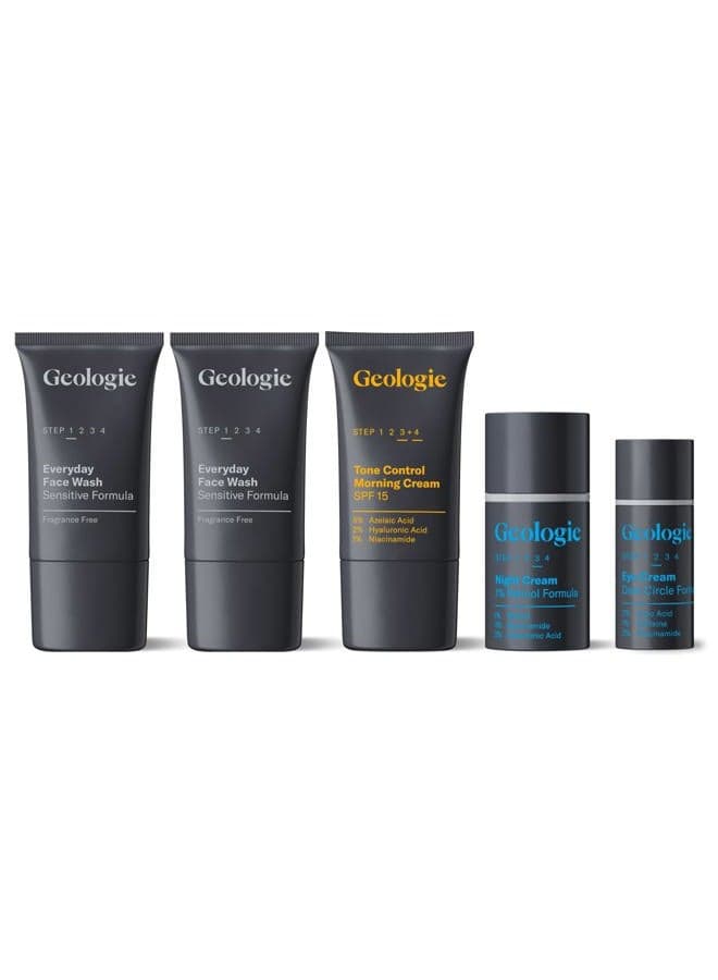 Sensitive Skincare Set for Men & Women | 1-Month Gentle & Effective Daily Skin Routine | Acne, Oily Skin, Dark Spots | Face Wash 2-Pack, Retinol Face Cream, SPF15 Moisturizer & Eye Cream