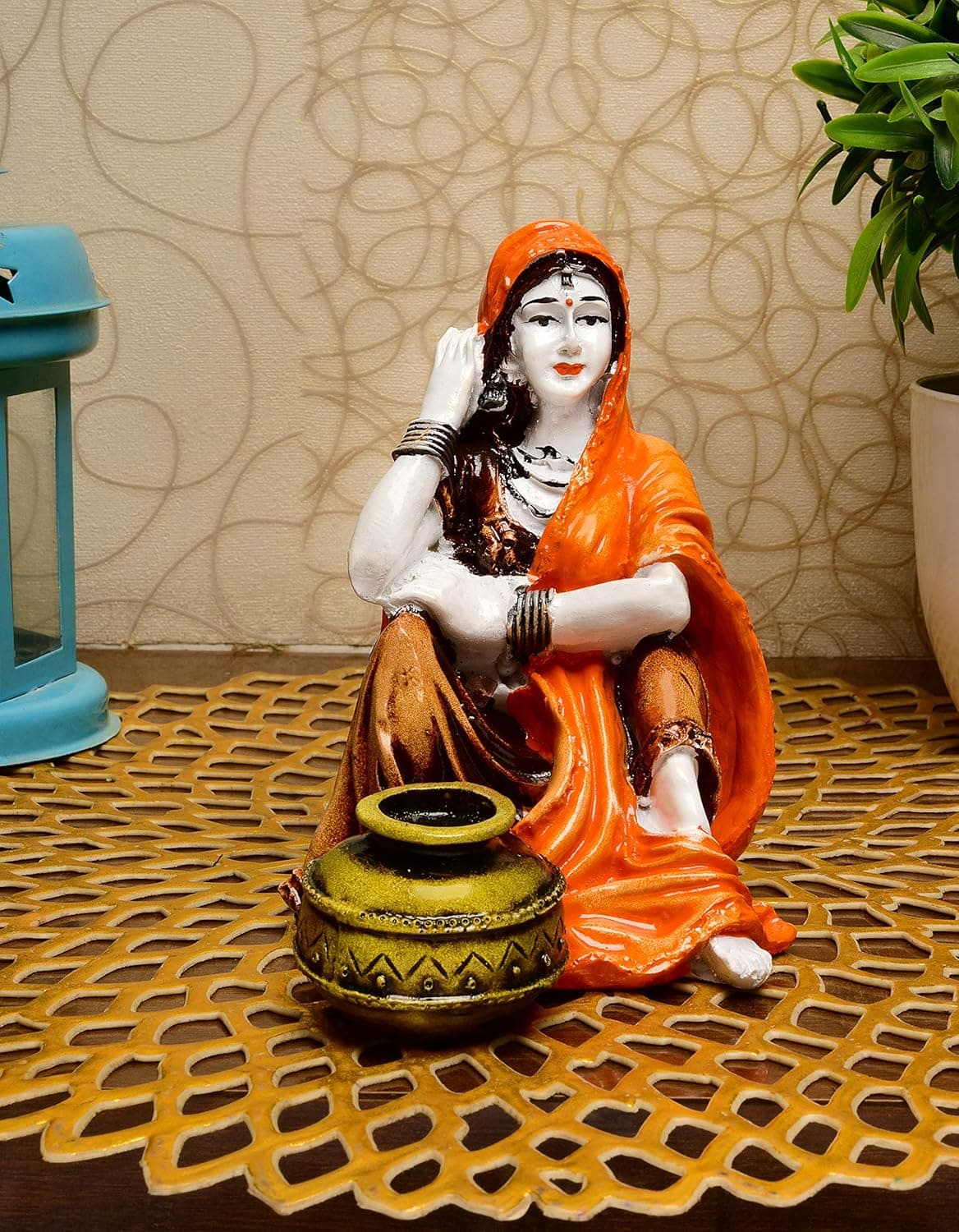 Karigaari Handcrafted Rajasthani Lady with Water Matka Showpiece Polyresin Showpiece for Home Decor Orange Brown 1524 cm x 1524 cm x 17118 cm