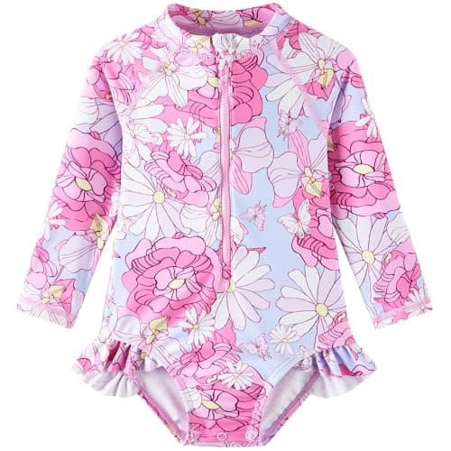 UMELOK Baby Girls One Piece Swimsuit UPF 50+ Sun Protection Floral Printed Long Sleeve Rash Guard Swim Suit Infant Swimwear with Zipper Pink Daisy,12M