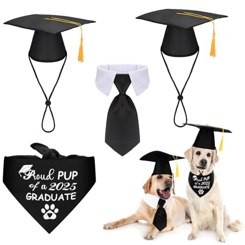 Saintrygo 4 Pcs Pet Graduation Caps with Bow Tie and Bandana Yellow Tassel and Class of 2025 Dog Graduation Hats Photography Props Dogs Cats Grade Outfits for Pets Graduation Party Dress Costume