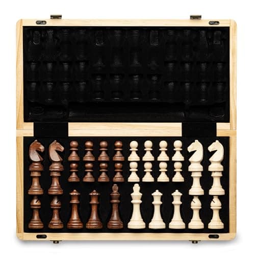 AA 15 inch Foldable Wooden Magnetic Chess Set w 3 inch King Height Staunton Chess Pieces Pine Box wWalnut Maple Inlay