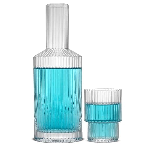 JoyJolt Bedside Water Carafe and Glass Set. Elle Fluted Glass Carafe and Ribbed Glassware. Vintage Nightstand Water, Mouthwash Decanter for Bathroom or Ribbed Vase. Mid Century Modern Glassware