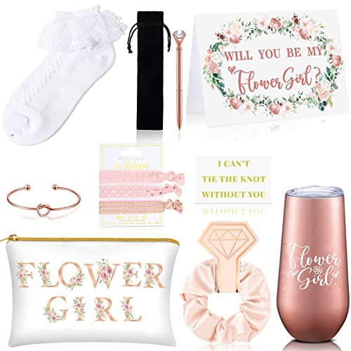 Yexiya 13 Pcs Bridesmaid Proposal Box Gifts Set Will You Be My Maid of Honor Gifts 6 oz Stainless Steel Wine Tumbler Socks Scrunchie for Pen Engagement Wedding Bachelorette Party Supply(Flower Girl)