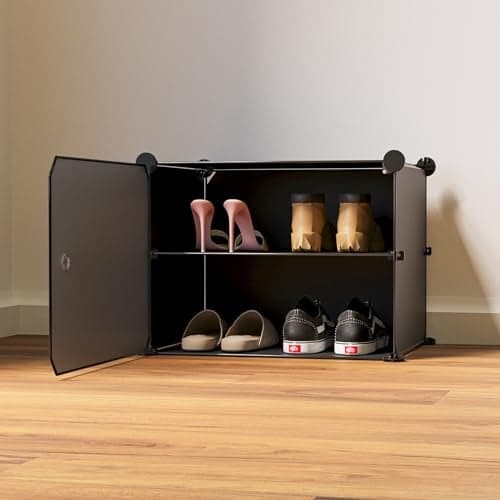 BOXJOY 6 Shelf Shoe Rack with 3 Doors, Magnets and 5 Hook Steel Holder for Home Storage Box Organizer, Hard PET Plastic with Metal Door Frame, Shoe Chappal Slipper Sandals Stand(White, Brown Door)