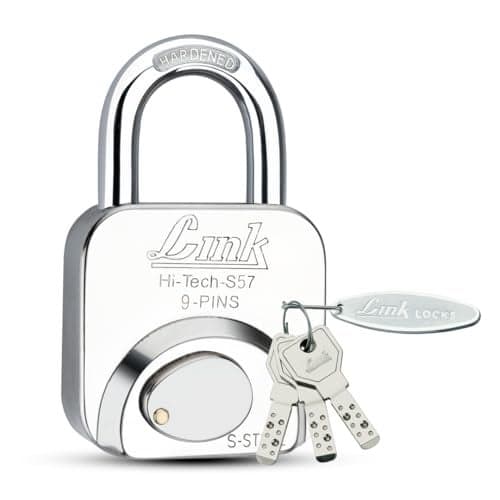 Link® Hi-Tech 57mm Padlock | Stainless Steel Body | Hardened Shackle | 1 Padlock | 3 Silver Keys with Hi-Tech Nickle | Made in India