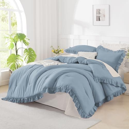 Andency Grayish Blue Queen Comforter Set(90x90Inch), 3 Pcs(1 Ruffle Comforter and 2 Pillowcases) Solid Bedding Comforter Sets for Queen Bed, Lightweight and Fluffy Soft Polyester Bedding Set