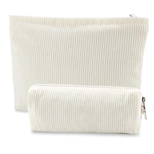 Saikaspotts 2PCS Travel Makeup Bag, Large Capacity Corduroy Cosmetic Bag, Large & Small Pink Toiletry Bag Organizer for Women Storage Cute Makeup Brush Bag-Corduroy Beige