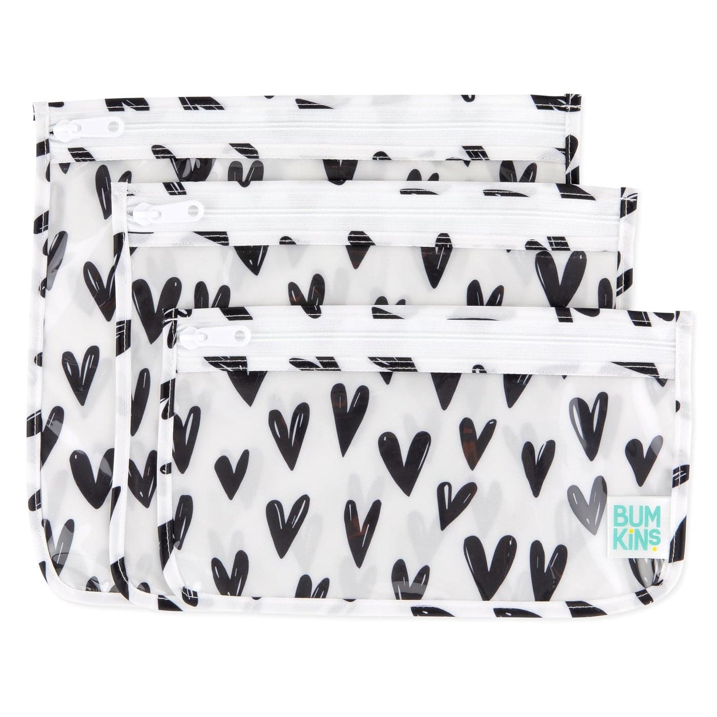 Bumkins Travel Bag Toiletry TSA Approved Pouch Zip Bag Quart Size Airline Compliant ClearSided Baby Diaper Bag Organization Makeup Accessories Packing Set of 3 Sizes Black Hearts