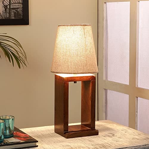tu casa Wooden Table Lamp for Bedroom & Living Room | Mango Wood Base with Beige Cotton Fabric Shade | Decorative Bedside Night Lamp for Home Décor & Festive Gifting